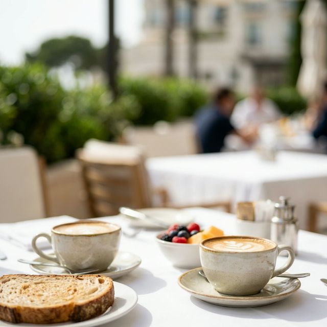 Un desayuno de hotel íntimo para dos, en primer plano dos tazas de café